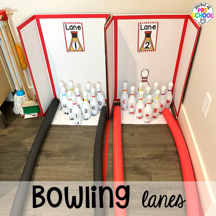 Create bowling lanes with pool noodles. Check out this fun and engaging bowling alley dramatic play center for preschool, pre-k, and kindergarten students to practice social skills, literacy, and math!