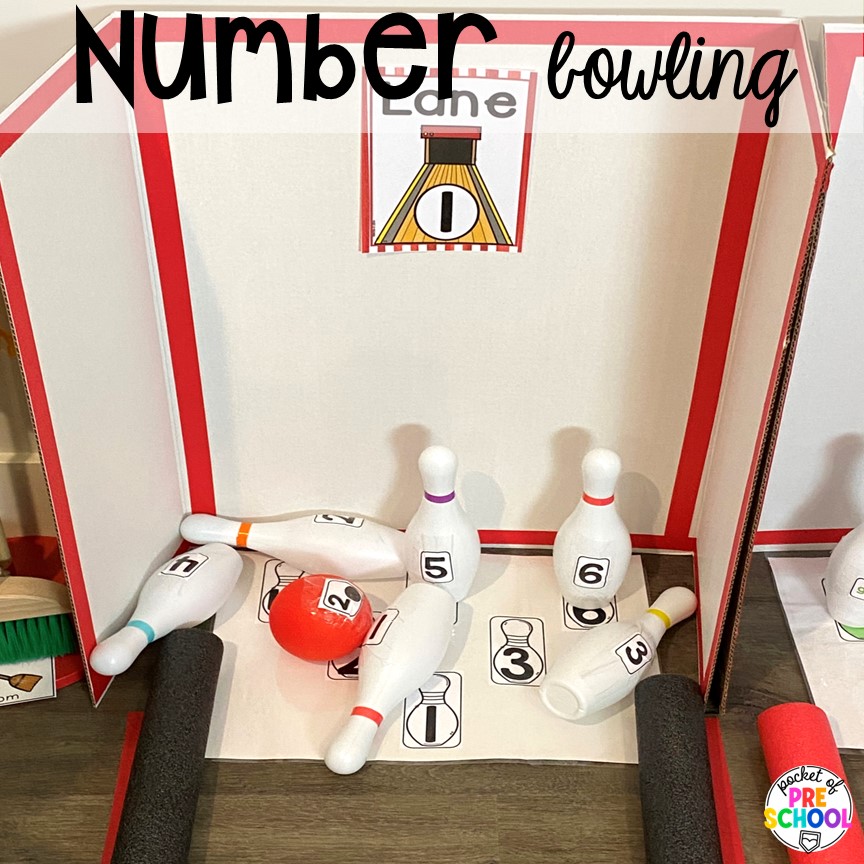 Number bowling to practice number recognition. Create a bowling alley dramatic play area in your preschool, pre-k, or kindergarten classroom for hours of play and social skills development.