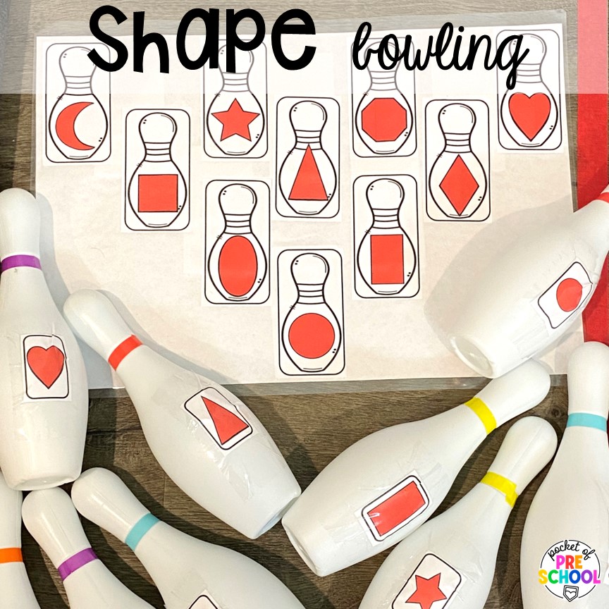 Shape bowling for students to practice shape identification. Check out this fun and engaging bowling alley dramatic play center for preschool, pre-k, and kindergarten students to practice social skills, literacy, and math!