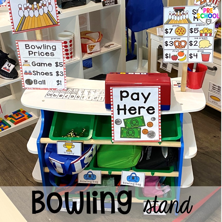Bowling stand for students to check in and pay for their bowling game. Create a bowling alley dramatic play area in your preschool, pre-k, or kindergarten classroom for hours of play and social skills development.