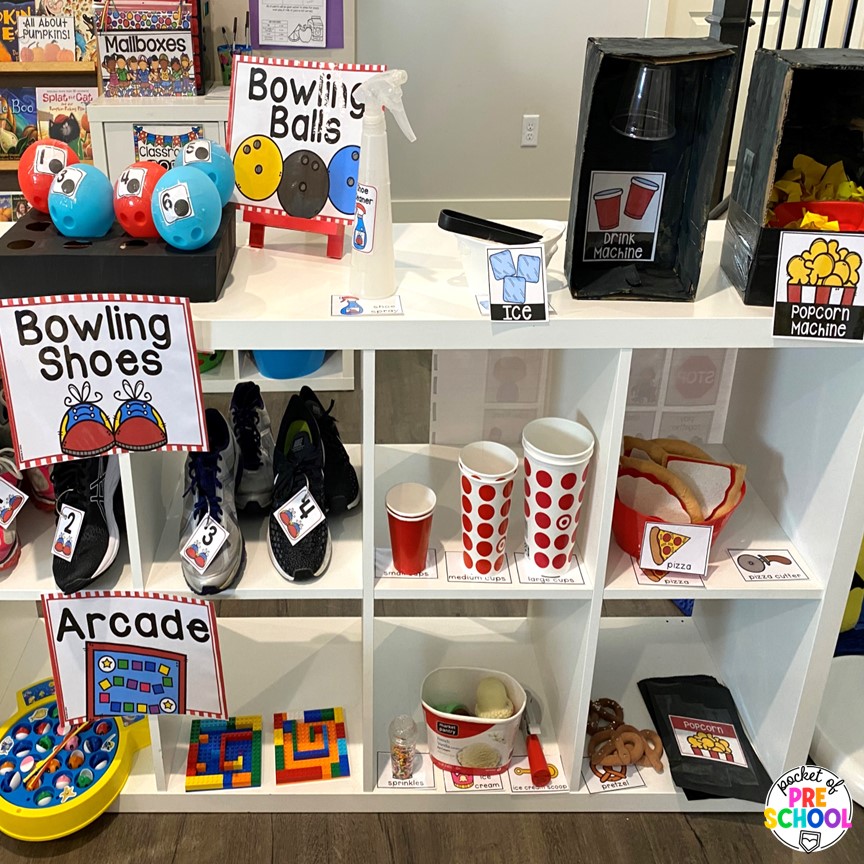 Shelves for organization in the dramatic play area. Check out this fun and engaging bowling alley dramatic play center for preschool, pre-k, and kindergarten students to practice social skills, literacy, and math!