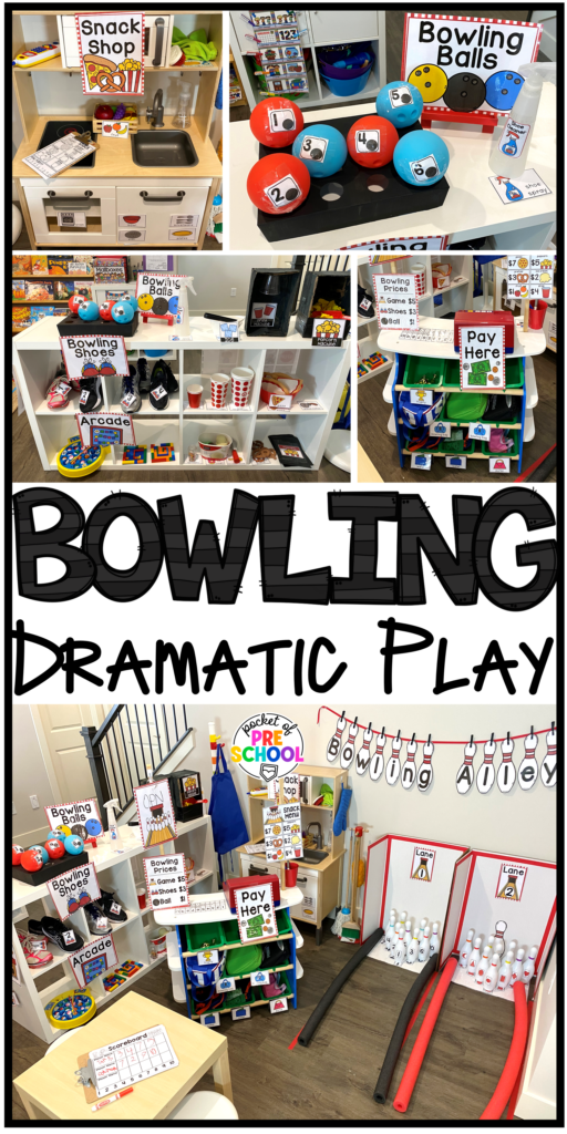 Check out this fun and engaging bowling alley dramatic play center for preschool, pre-k, and kindergarten students to practice social skills, literacy, and math!