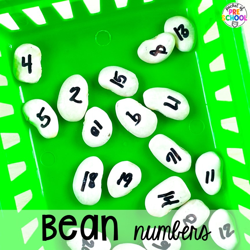 Bean numbers for counting practice. Check out this post for more DIY letter and number manipulatives for preschool, pre-k, and kindergarten classrooms.