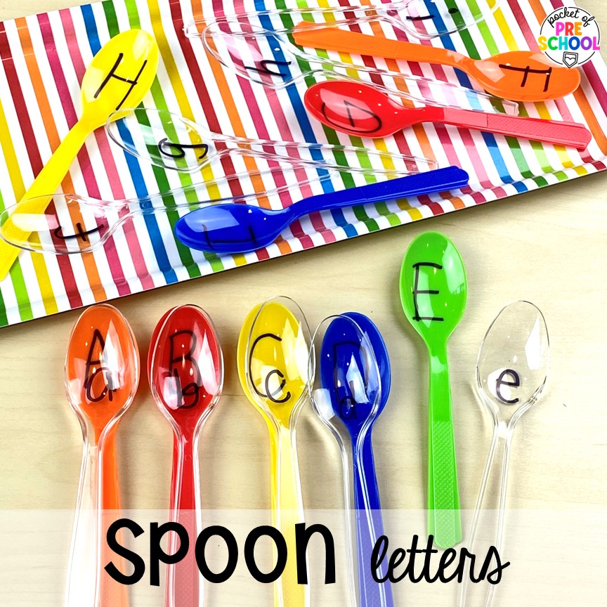 Spoon letters! Check out this post for more DIY letter and number manipulatives for preschool, pre-k, and kindergarten classrooms.