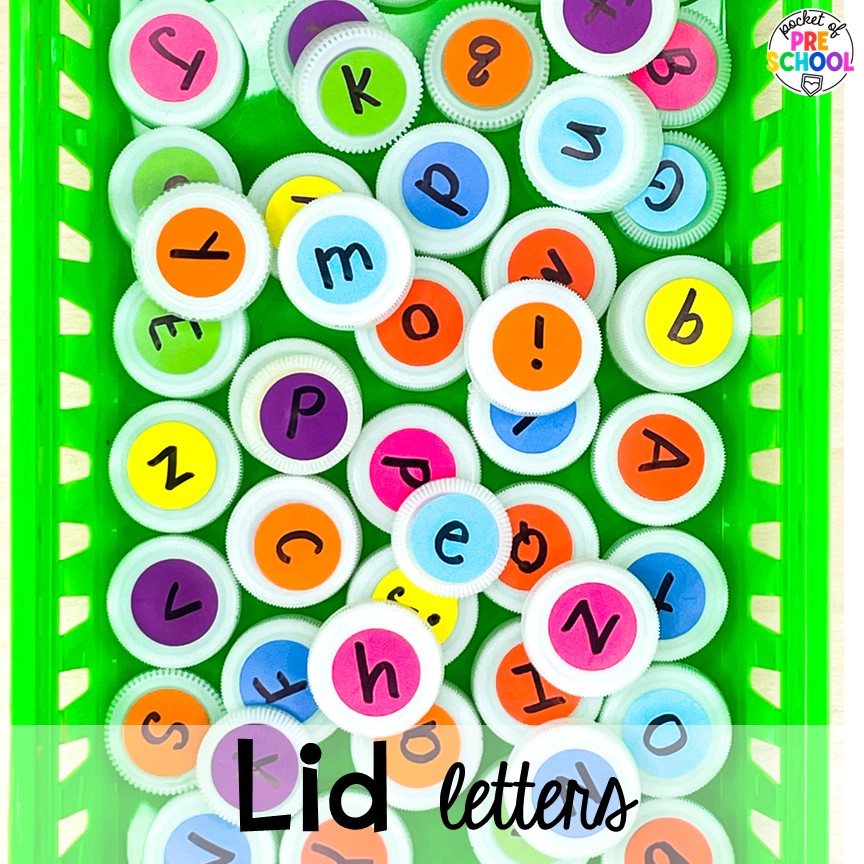 Lid letters for a budget friendly manipulative. DIY letter and number manipulatives that are easy on the budget and a huge hit in the preschool, pre-k, or kindergarten classroom!
