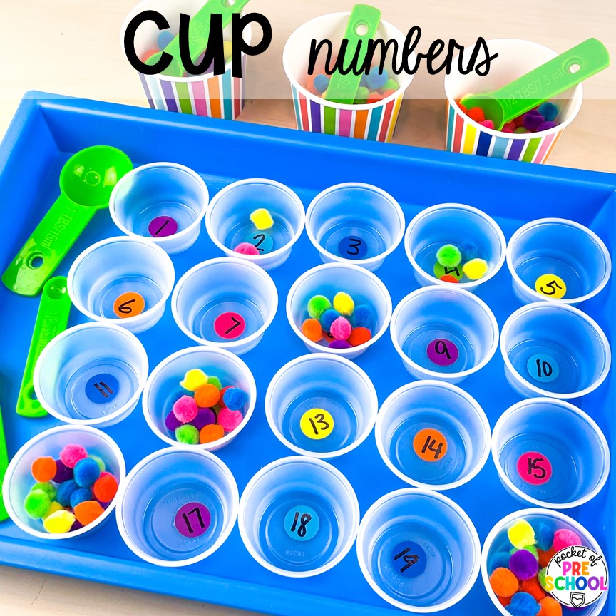 Cup numbers for a quick and easy counting game. Check out this post for more DIY letter and number manipulatives for preschool, pre-k, and kindergarten classrooms.