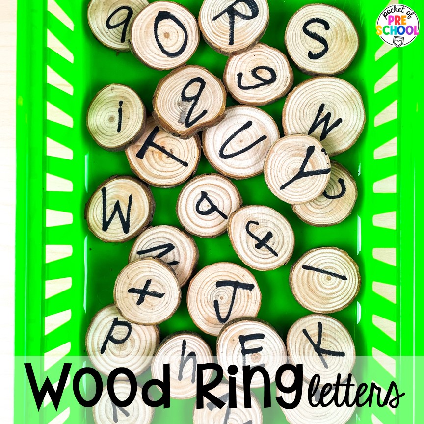Wood ring letter manipulatives! Check out this post for more DIY letter and number manipulatives for preschool, pre-k, and kindergarten classrooms.
