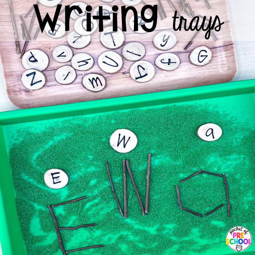 Writing trays for a sensory option to practice letter formation. Check out this post for more DIY letter and number manipulatives for preschool, pre-k, and kindergarten classrooms.