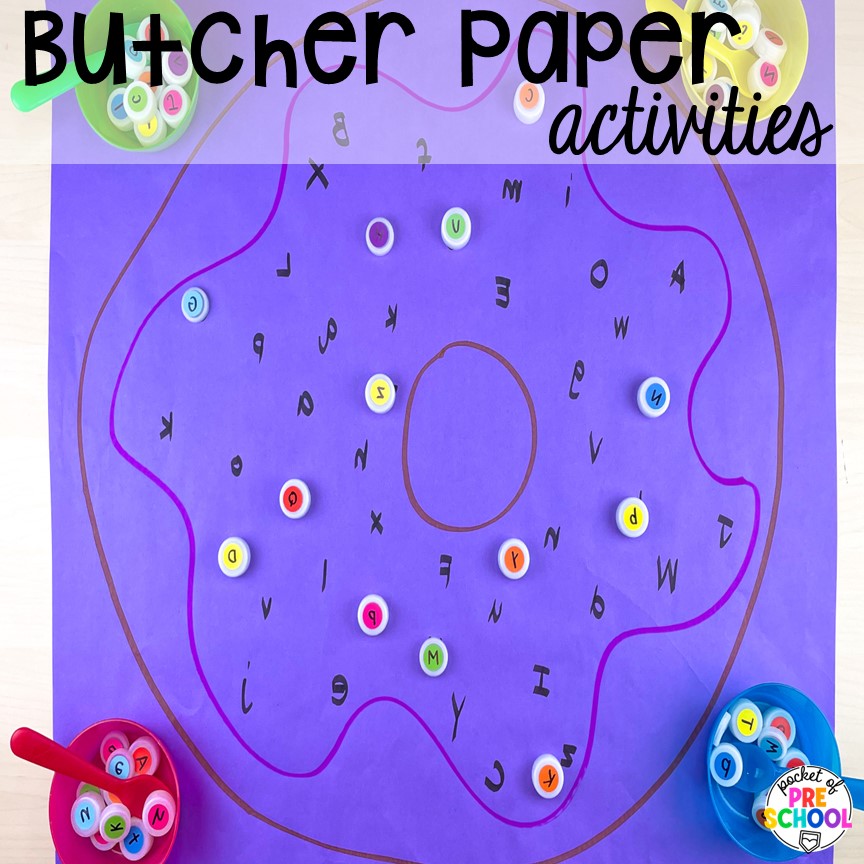 Butcher paper activities for literacy and math learning. Check out this post for more DIY letter and number manipulatives for preschool, pre-k, and kindergarten classrooms.
