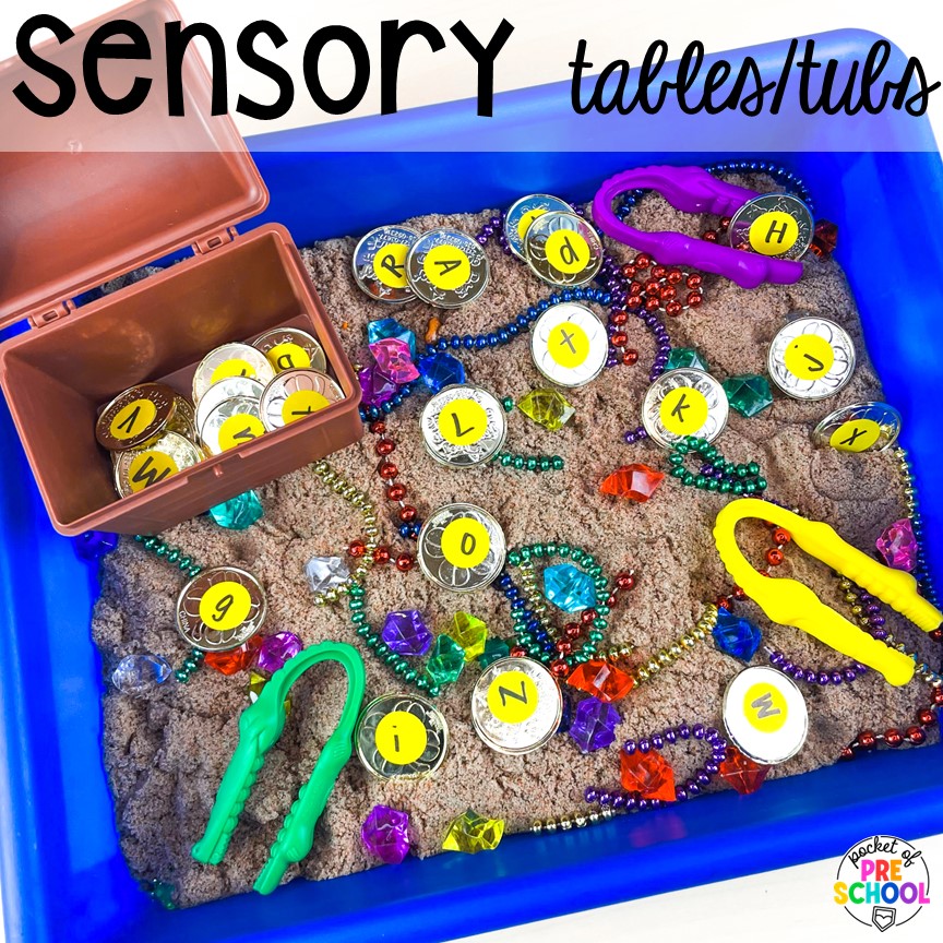 Sensory tables and tubs for little learners to explore. DIY letter and number manipulatives that are easy on the budget and a huge hit in the preschool, pre-k, or kindergarten classroom!