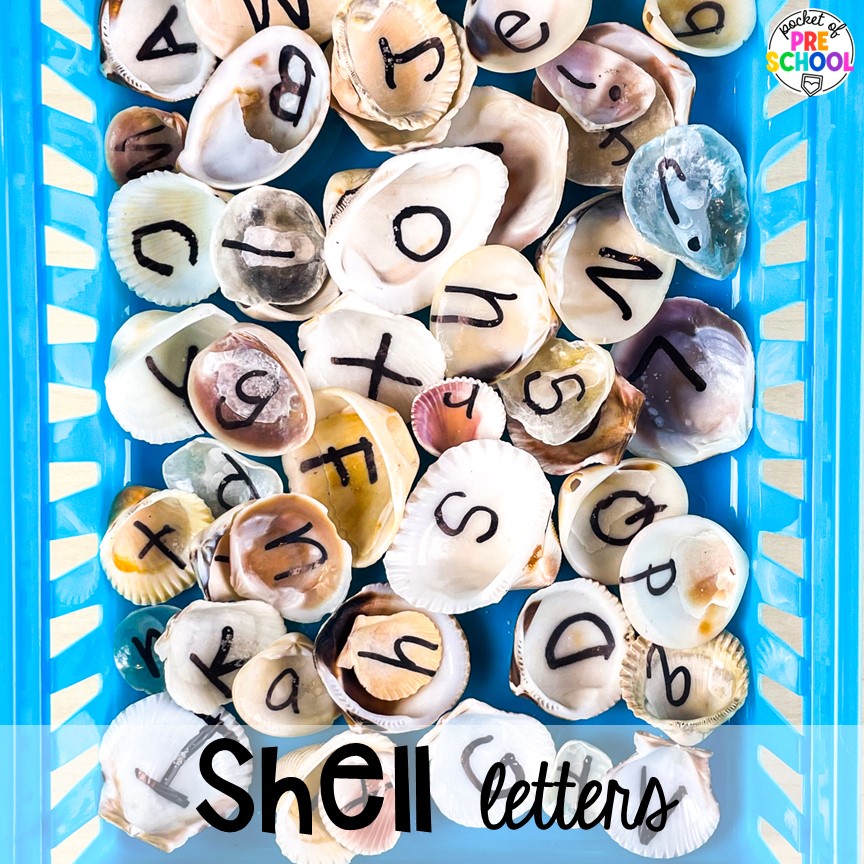 Letter shells for little learners! Check out this post for more DIY letter and number manipulatives for preschool, pre-k, and kindergarten classrooms.