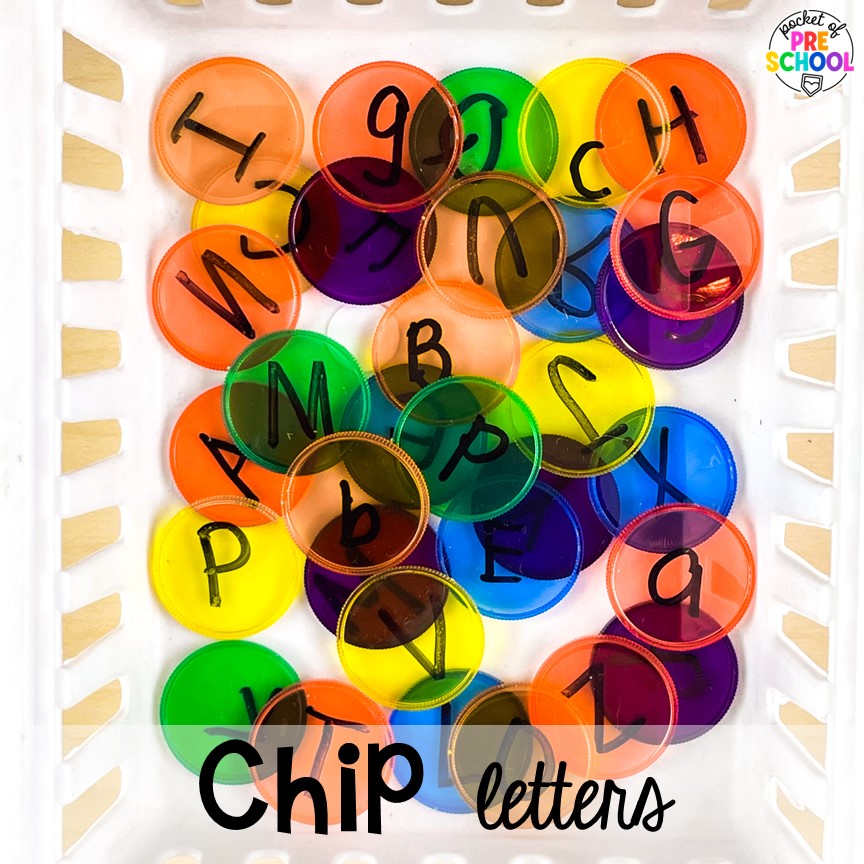 Translucent chip counters. Check out this post for more DIY letter and number manipulatives for preschool, pre-k, and kindergarten classrooms.