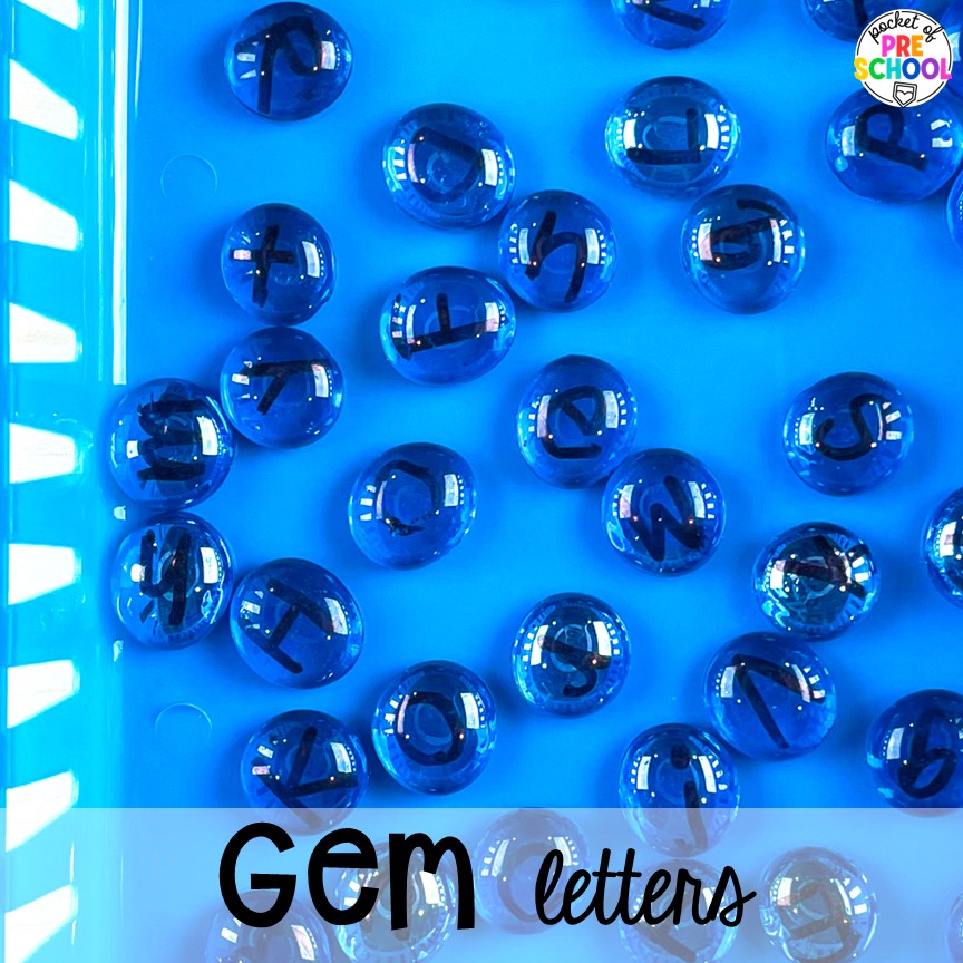 Gem letters for the light table or desks. Check out this post for more DIY letter and number manipulatives for preschool, pre-k, and kindergarten classrooms.