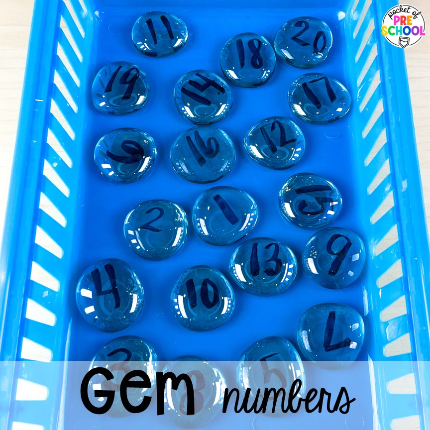 Gem numbers for little hands. DIY letter and number manipulatives that are easy on the budget and a huge hit in the preschool, pre-k, or kindergarten classroom!