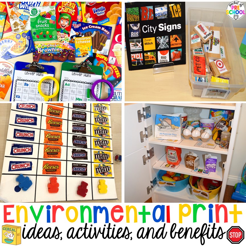 Check out this post for over 15 ideas to use environmental print in the preschool, pre-k, or kindergarten classroom.
