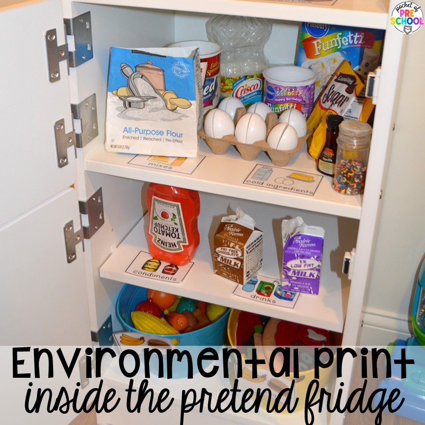 Inside the pretend fridge for environmental print exposure. Check out this post for over 15 ideas to use environmental print in the preschool, pre-k, or kindergarten classroom. 