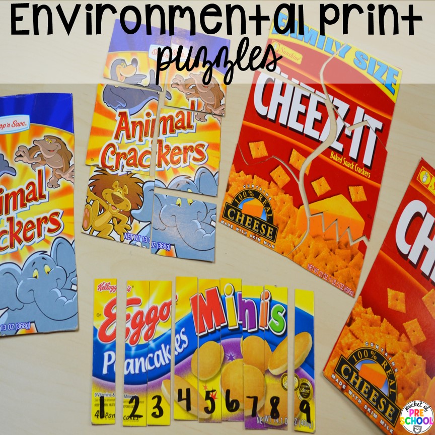 Environmental print puzzles for little learners. Check out this post for over 15 ideas to use environmental print in the preschool, pre-k, or kindergarten classroom.