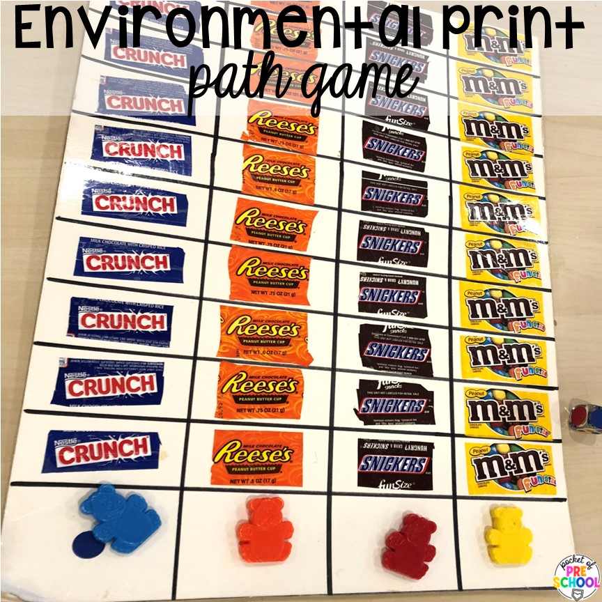 Environmental print path game for young children. Environmental print ideas for the preschool, pre-k, or kindergarten classroom. 