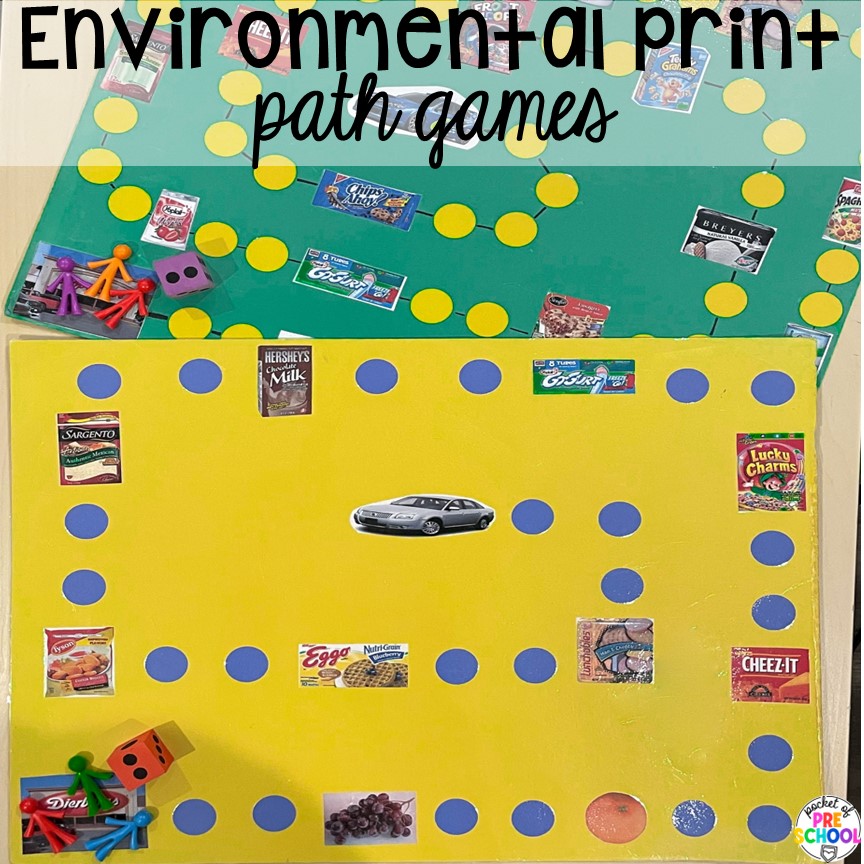 Environmental print path games for little learners. Check out this post for over 15 ideas to use environmental print in the preschool, pre-k, or kindergarten classroom.