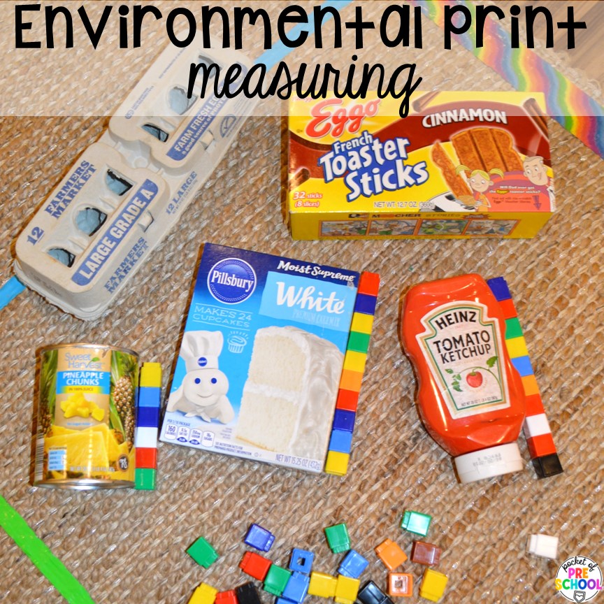 Environmental print measuring activity for young children to practice math skills. Environmental print ideas for the preschool, pre-k, or kindergarten classroom.