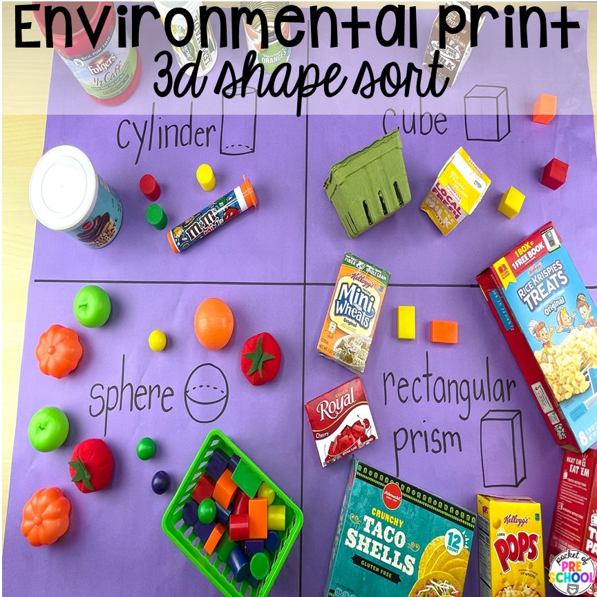 Environmental print 3d shape sorting for children in the classroom. Check out this post for over 15 ideas to use environmental print in the preschool, pre-k, or kindergarten classroom. 