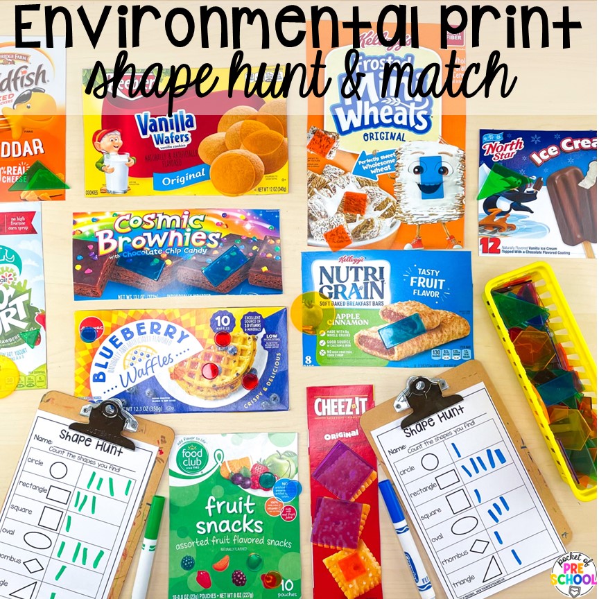 Environmental print shape hunt and match for little learners. Environmental print ideas for the preschool, pre-k, or kindergarten classroom. 