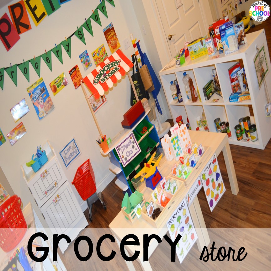 Grocery store dramatic play area to use environmental print. Check out this post for over 15 ideas to use environmental print in the preschool, pre-k, or kindergarten classroom. 