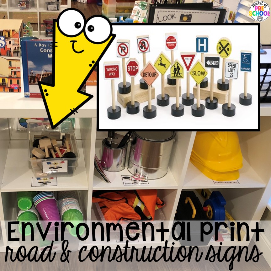 Environmental print road & construction signs for more literacy exposure. Check out this post for over 15 ideas to use environmental print in the preschool, pre-k, or kindergarten classroom. 