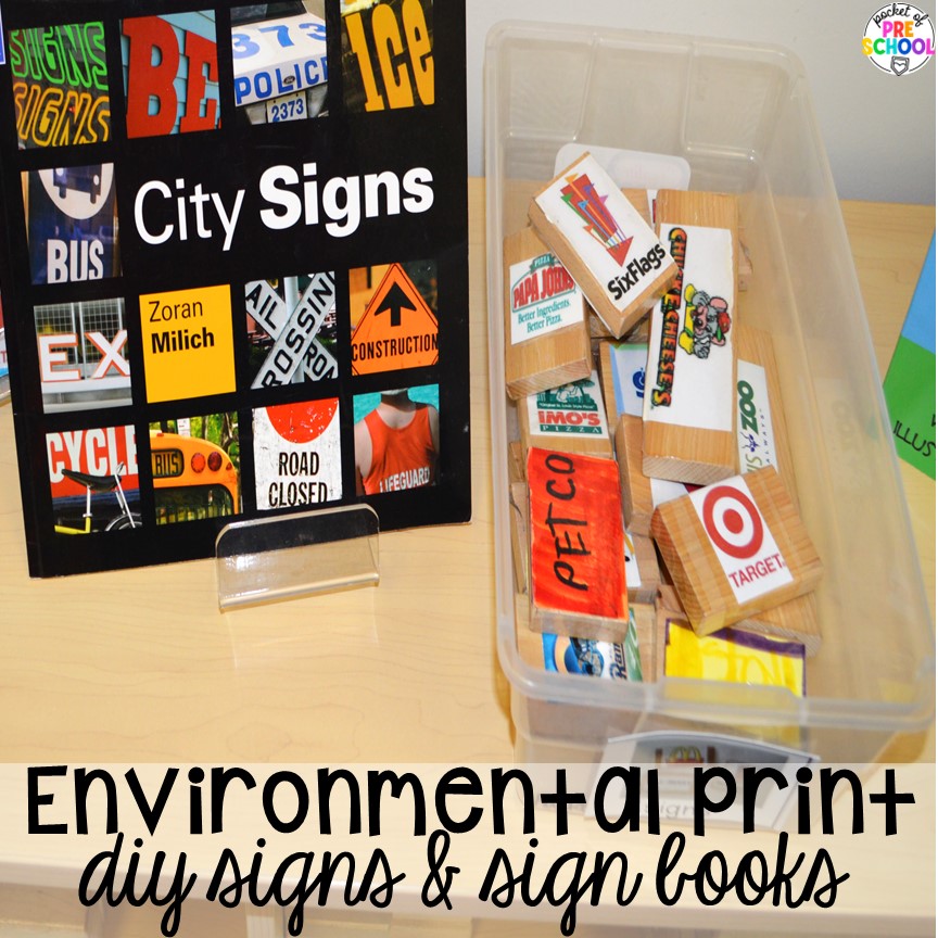 Environmental print DIY signs and sign books for little learners. Environmental print ideas for the preschool, pre-k, or kindergarten classroom. 