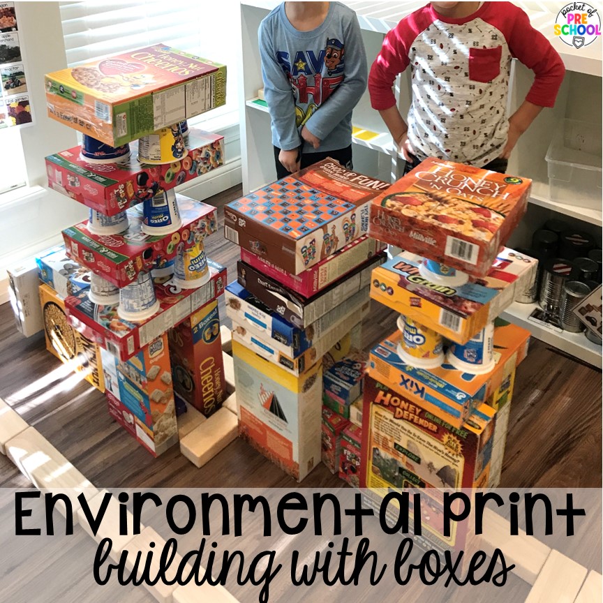 Building with boxes is a great way to use environmental print in the classroom. Environmental print ideas for the preschool, pre-k, or kindergarten classroom. 