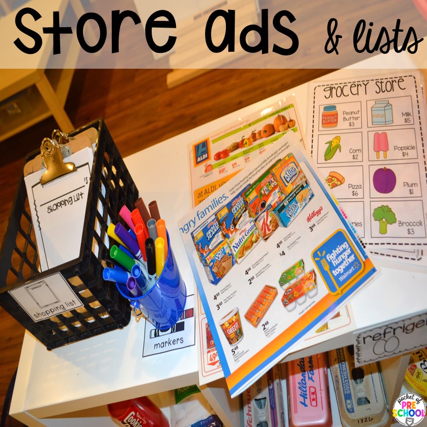 Use store add and lists to expose children to more letters and words. Environmental print ideas for the preschool, pre-k, or kindergarten classroom. 
