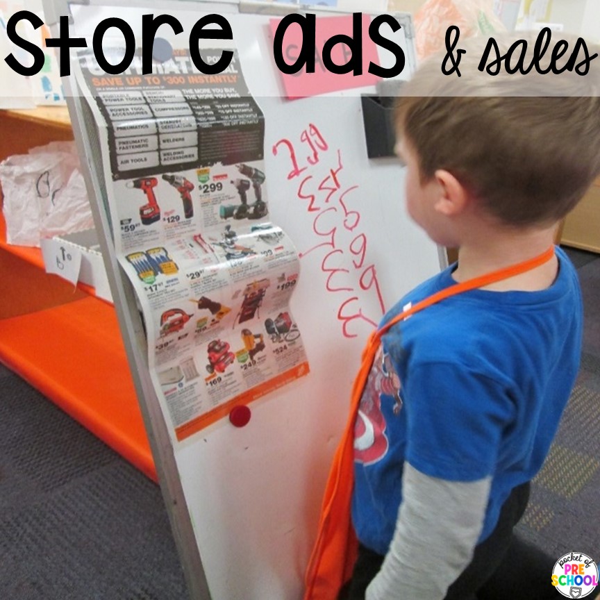 Store ads and sales to encourage literacy in the classroom. Check out this post for over 15 ideas to use environmental print in the preschool, pre-k, or kindergarten classroom.