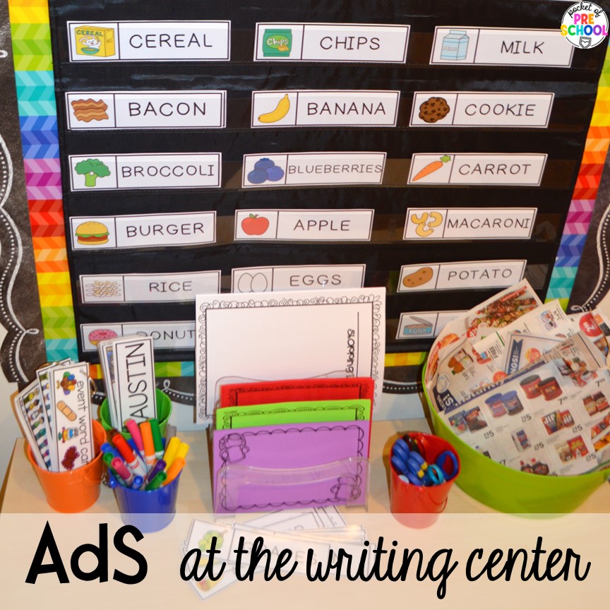 Ads at the writing center for little learners. Check out this post for over 15 ideas to use environmental print in the preschool, pre-k, or kindergarten classroom. 