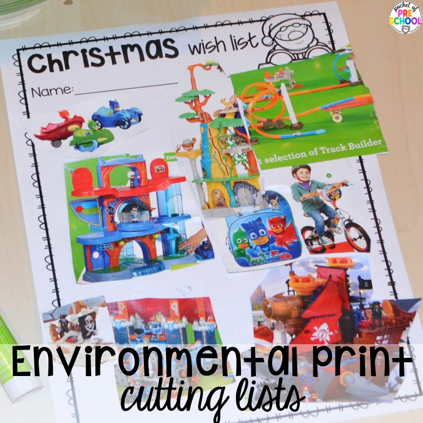 Environmental print cutting lists for scissors and literacy skills. Environmental print ideas for the preschool, pre-k, or kindergarten classroom.
