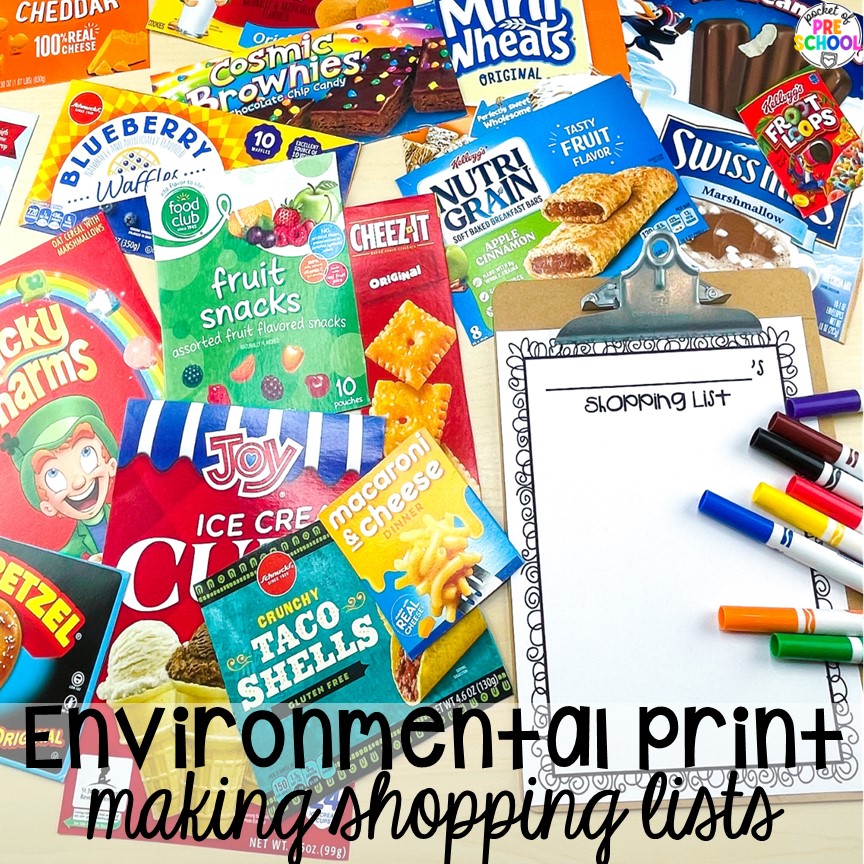 Environmental Print making shopping lists for literacy and writing skills. Check out this post for over 15 ideas to use environmental print in the preschool, pre-k, or kindergarten classroom