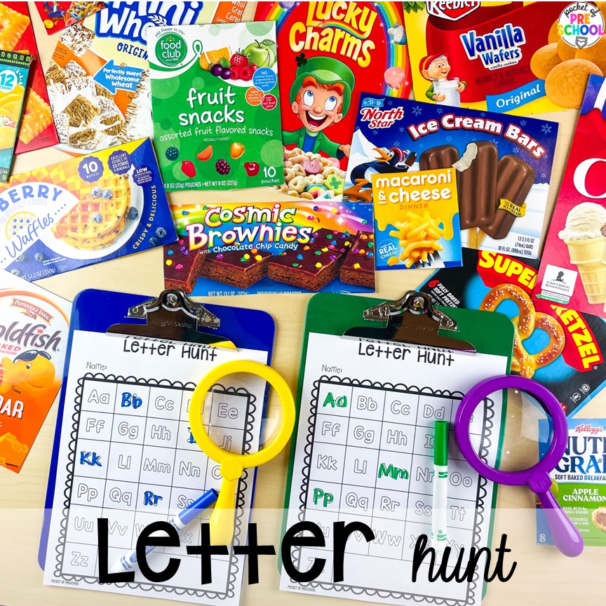 Letter hunt for tons of literacy practice in the classroom. Environmental print ideas for the preschool, pre-k, or kindergarten classroom.