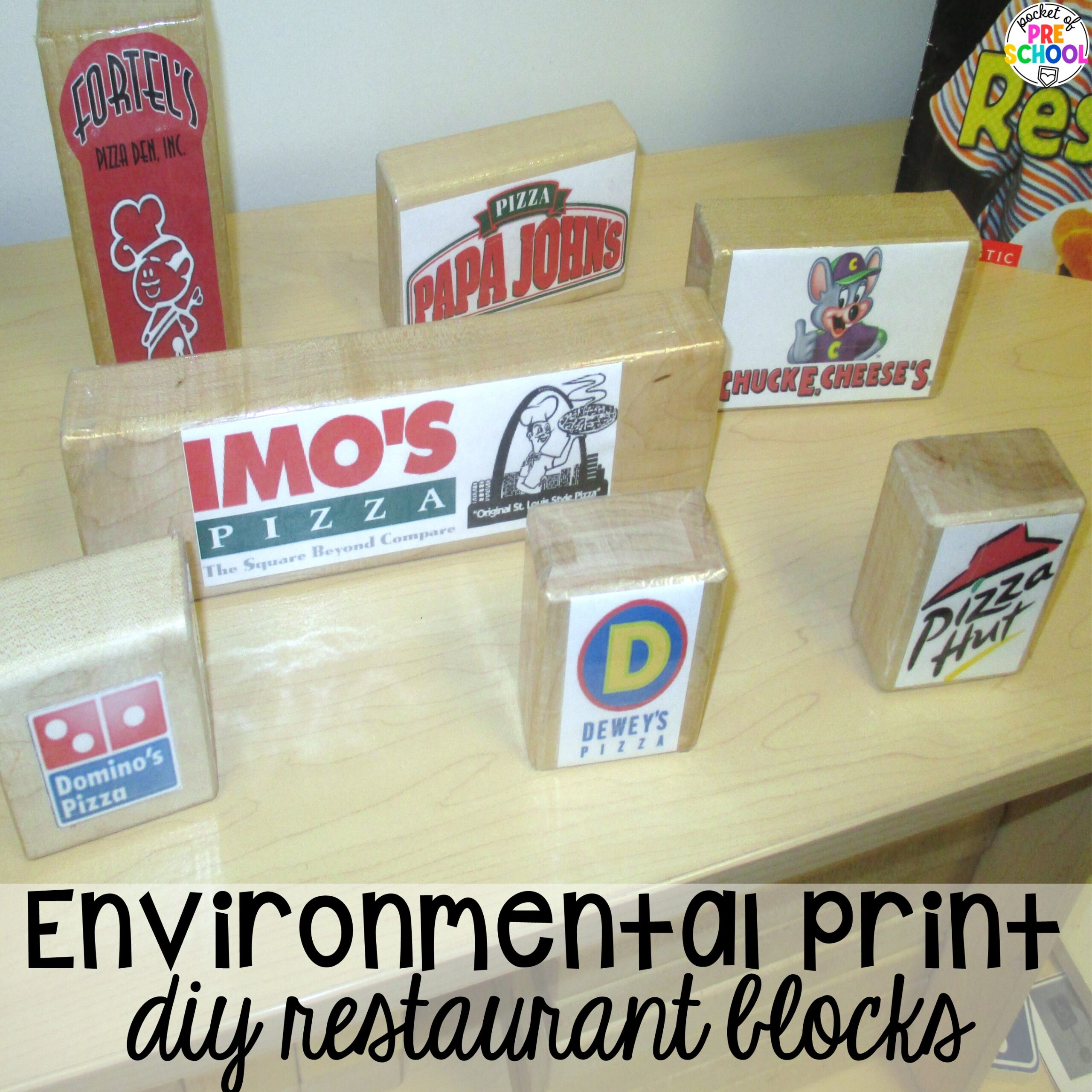 Environmental print DIY restaurant blocks. Check out this post for over 15 ideas to use environmental print in the preschool, pre-k, or kindergarten classroom.