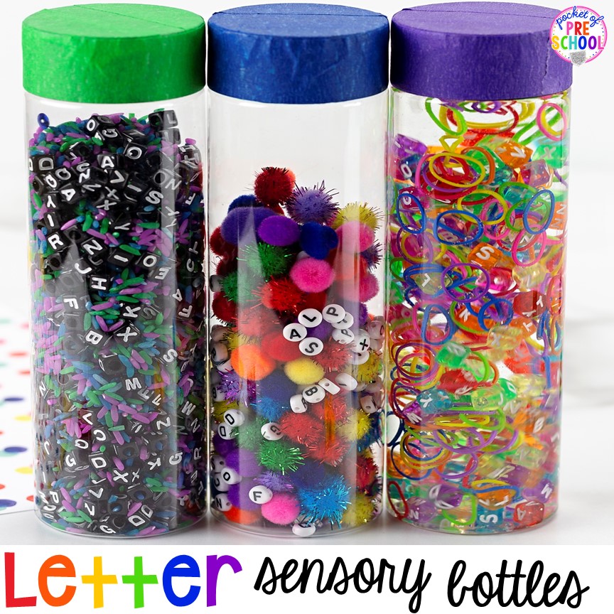 Create letter sensory bottles to give preschool, pre-k, and kindergarten students another version of exposure and something fun to look at.