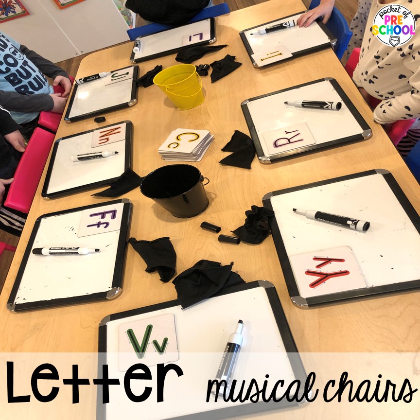 Setting up letter musical chairs. Letter musical chairs for preschool, pre-k, and kindergarten students is a fun and engaging game to practice literacy and incorporate gross motor.