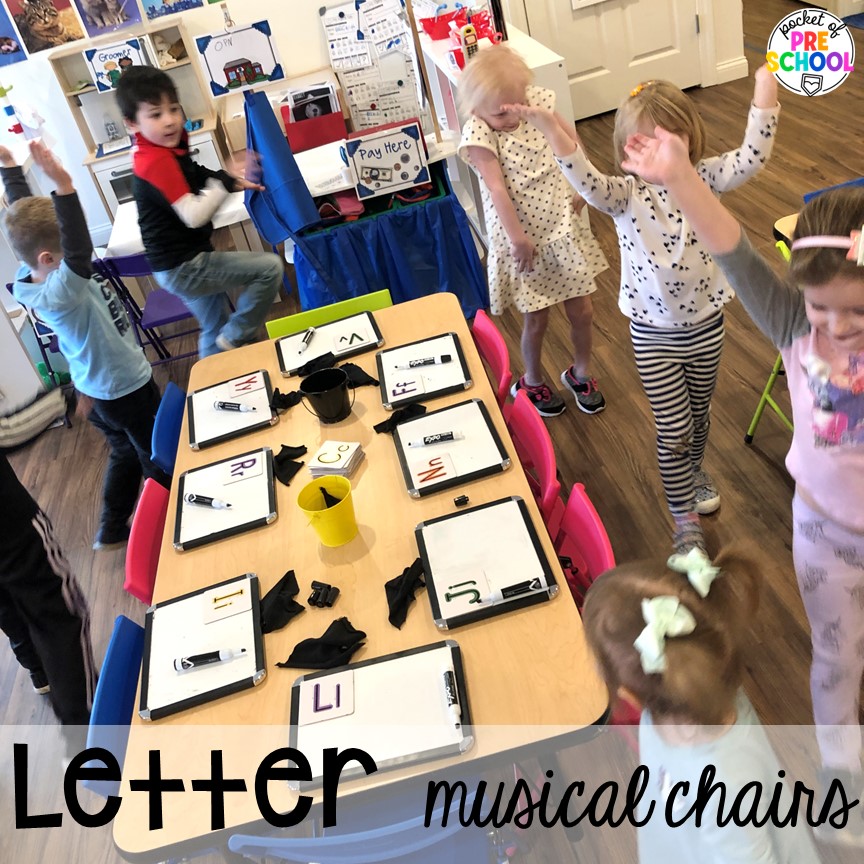 Play letter musical chairs to engage your preschool, pre-k, or kindergarten students in literacy and gross movement.