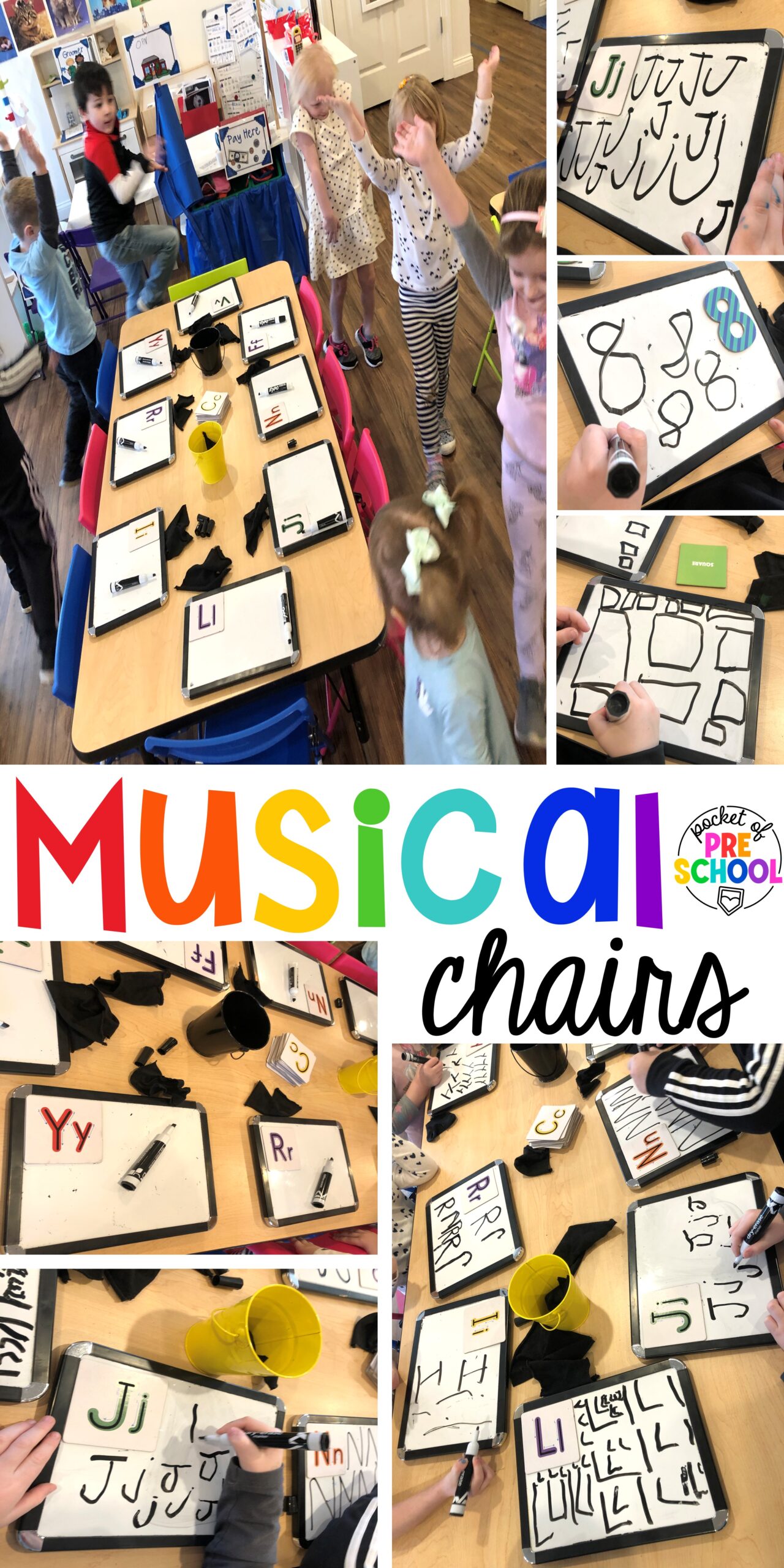 Play letter musical chairs to engage your preschool, pre-k, or kindergarten students in literacy and gross movement.