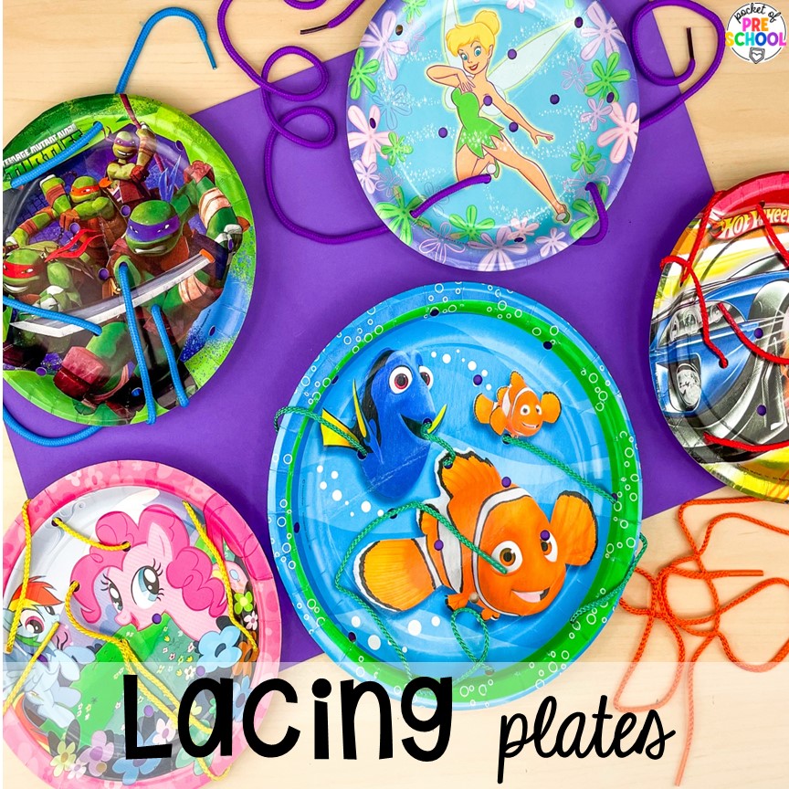 Lacing plates for fine motor and hand-eye coordination. Check out these paper plate activities for improve literacy, math, fine motor, and more for preschool, pre-k, and kindergarten students.