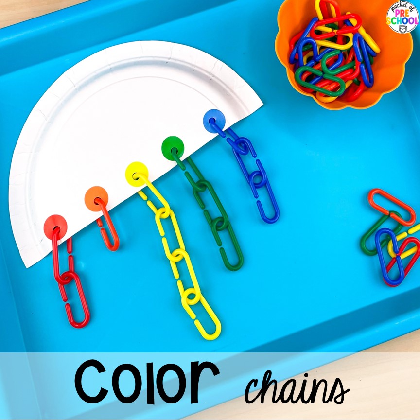 Color chains for fine motor strength. Paper Plate activities for preschool, pre-k, and kindergarten students to improve literacy, math, fine motor skills, and more!