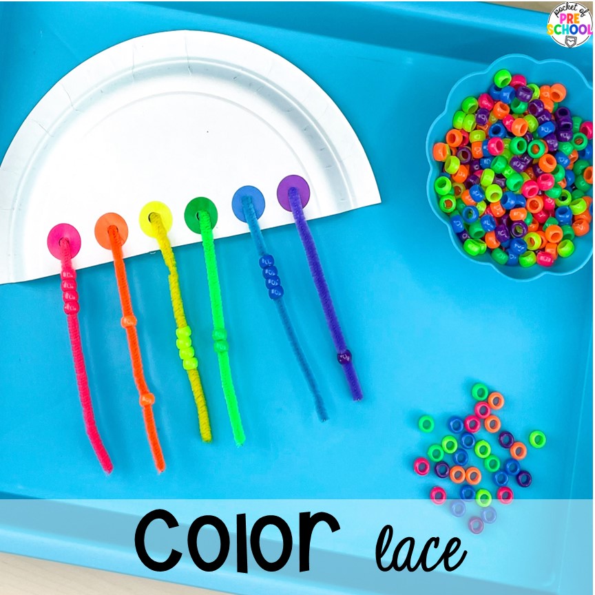 Color lace for little learners to build fine motor muscles and hand-eye coordination. Paper Plate activities for preschool, pre-k, and kindergarten students to improve literacy, math, fine motor skills, and more!