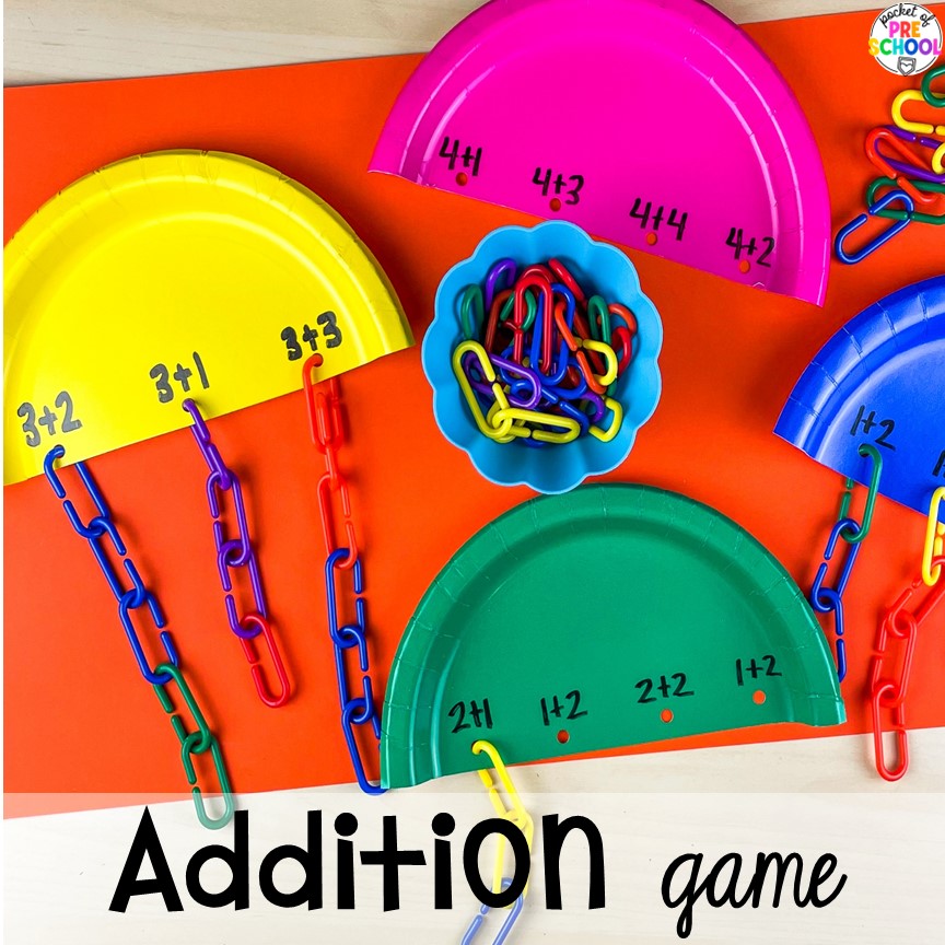 Addition game for little learners. Check out these paper plate activities for improve literacy, math, fine motor, and more for preschool, pre-k, and kindergarten students.