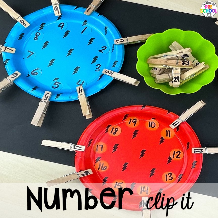 Number clip it for math skills. Check out these paper plate activities for improve literacy, math, fine motor, and more for preschool, pre-k, and kindergarten students.