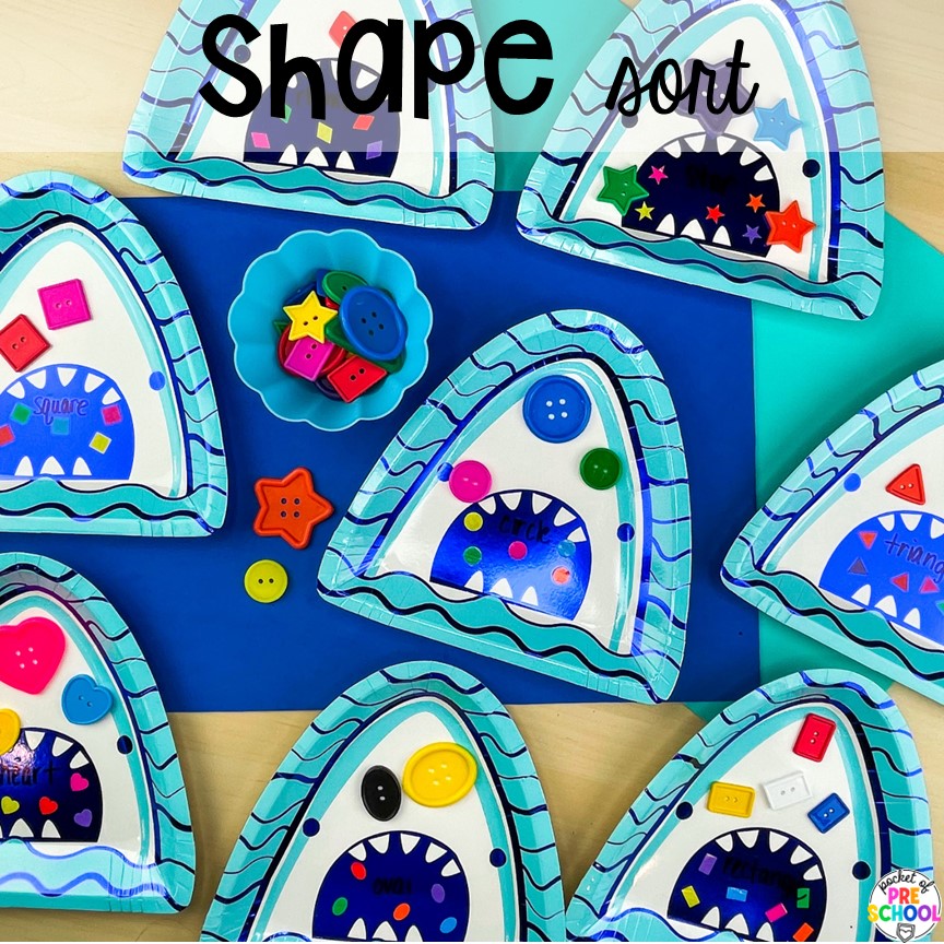 Shape sort with paper plates for young children. Paper Plate activities for preschool, pre-k, and kindergarten students to improve literacy, math, fine motor skills, and more!