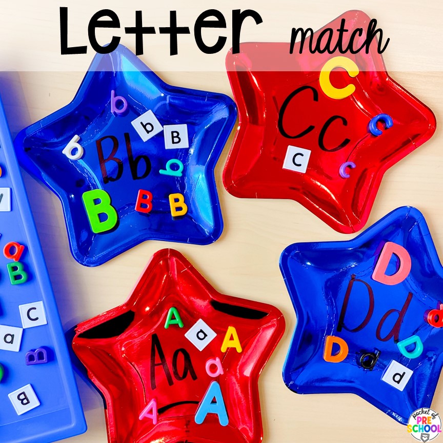 Star letter matching for sorting letters. Paper Plate activities for preschool, pre-k, and kindergarten students to improve literacy, math, fine motor skills, and more!