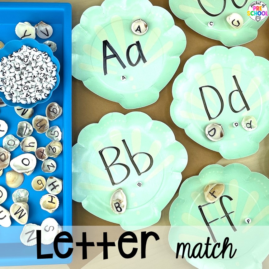 Shell letter matching activity for students to practice literacy skills. Check out these paper plate activities for improve literacy, math, fine motor, and more for preschool, pre-k, and kindergarten students.