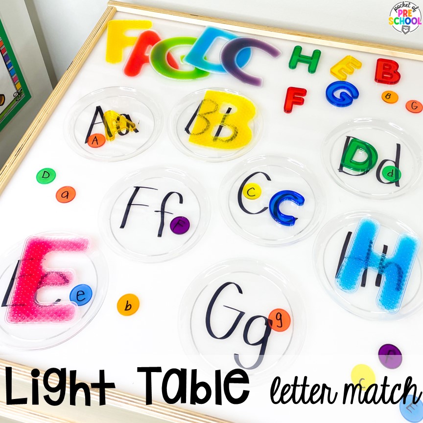 Light table letter match for students to practice letter identification. Paper Plate activities for preschool, pre-k, and kindergarten students to improve literacy, math, fine motor skills, and more!